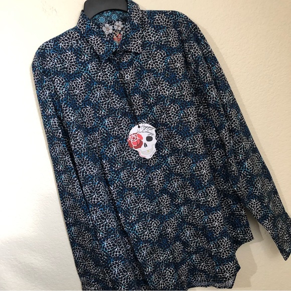 ROBERT GRAHAM Large Baltic Long Sleeve Shirt Flip Cuff Navy Floral Geometric NWT - Picture 3 of 13